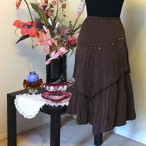 NWT Women Brown 2-Layers of Tiered Lined Elastic High Waist Asymmetrical Skirt - Picture 3 of 14